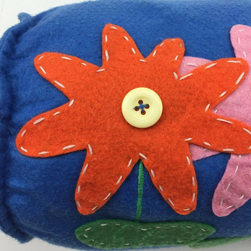 Home Decor Blue Felt Bolster Pillow Floral Red Pink Yellow Flowers Buttons